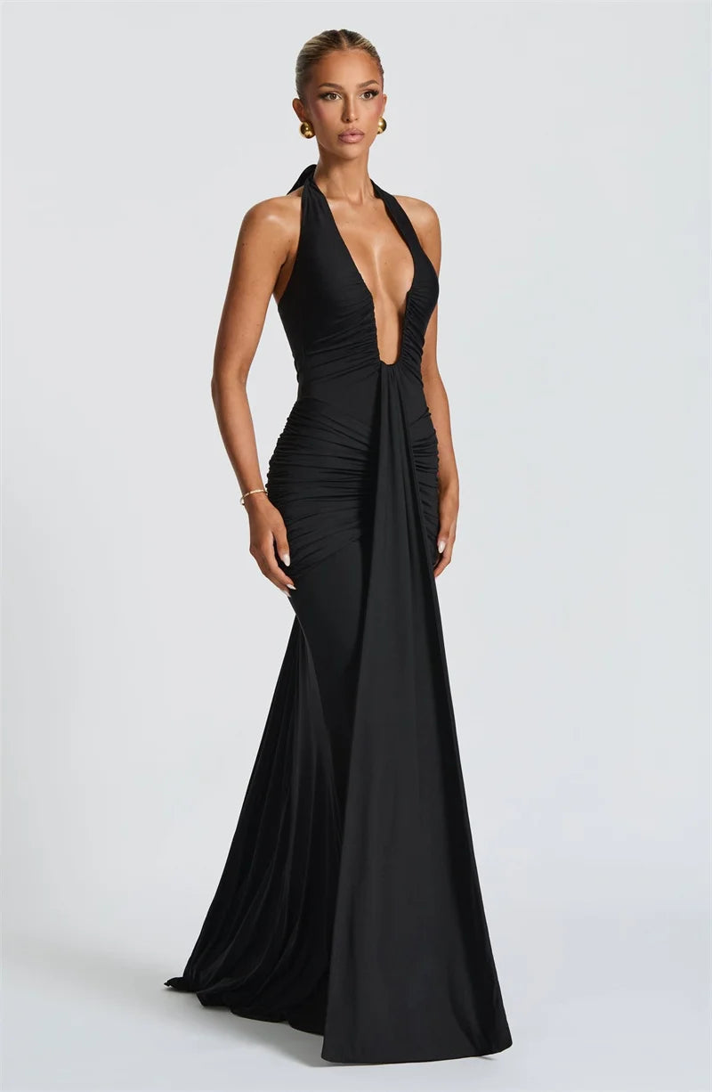 Deep V Neck Draped Ruched Sexy Maxi Dress