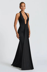Deep V Neck Draped Ruched Sexy Maxi Dress