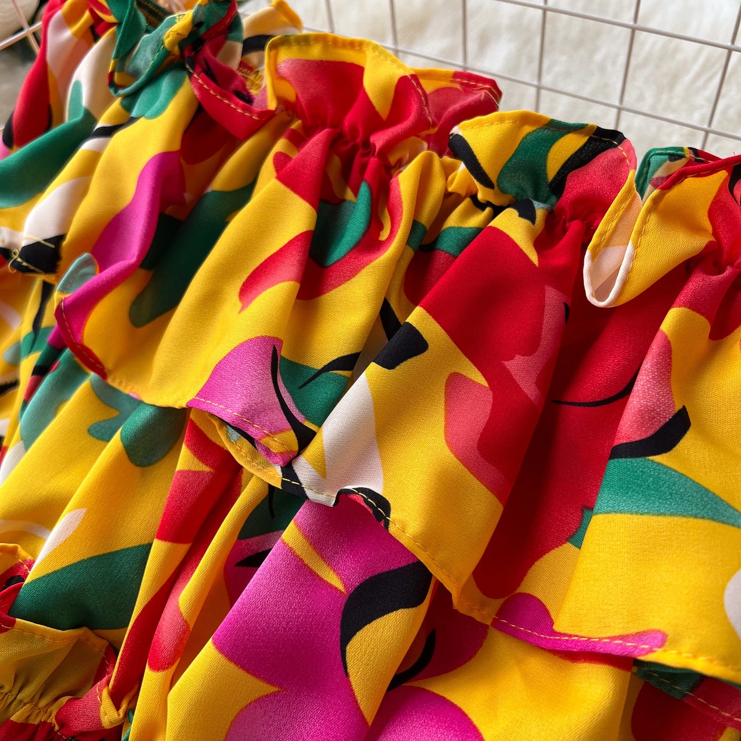 Ruffles Floral Print Elastic Waist Wide Leg Long Pants+Top Set