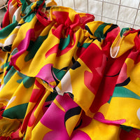 Ruffles Floral Print Elastic Waist Wide Leg Long Pants+Top Set