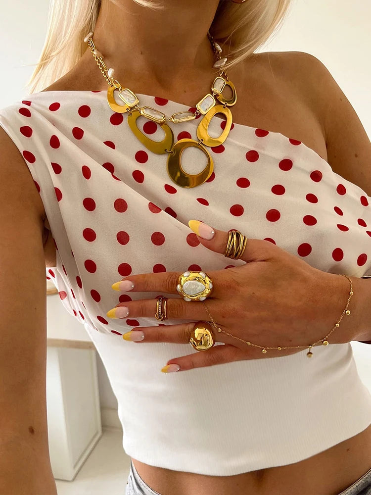 Polka Dots Print Skew Collar Off Shoulder Crop Top