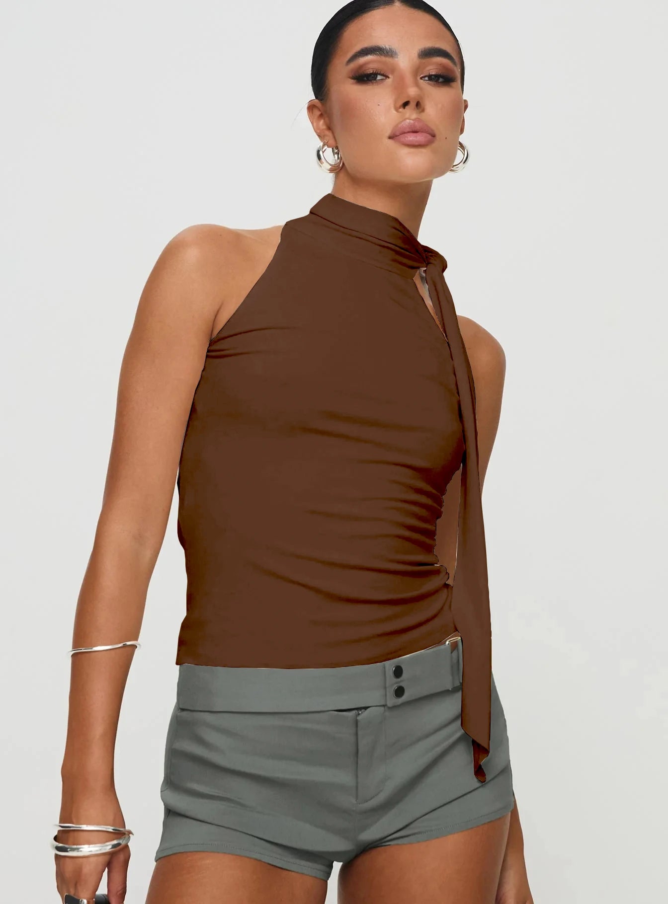 Sleeveless High Neck Tie Top