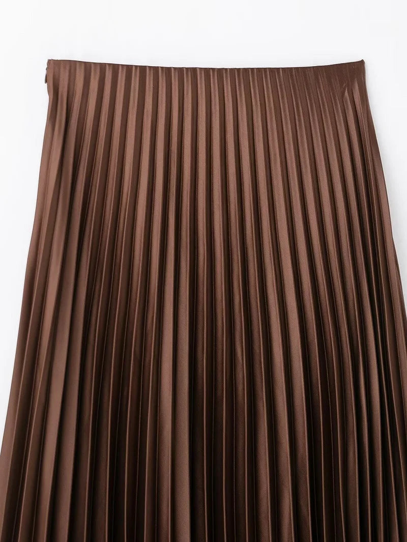 Pleated Long Draped Satin Midi Skirt