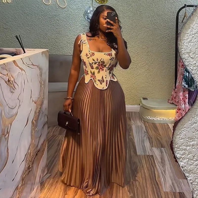 Floral Print Waist-cinching Corset +Pleated Long Skirts Set