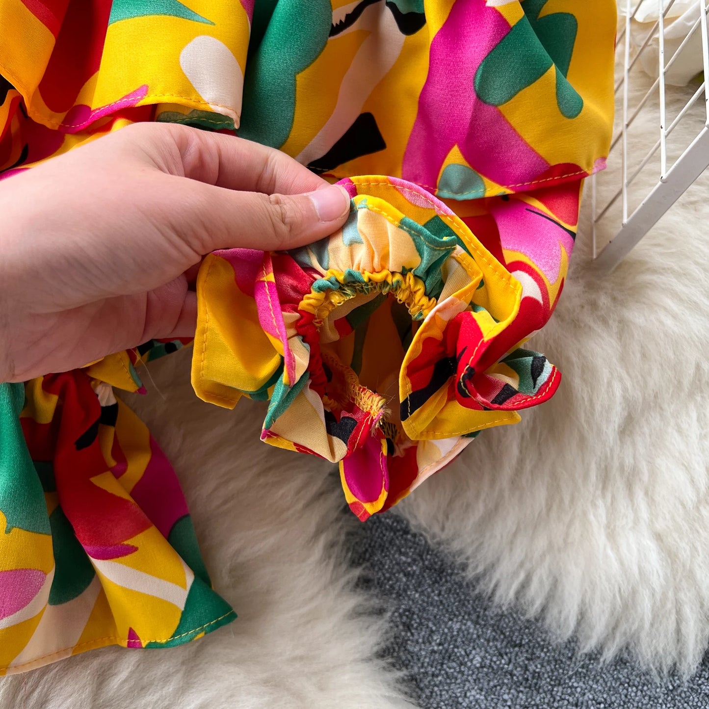 Ruffles Floral Print Elastic Waist Wide Leg Long Pants+Top Set