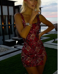 Colorful Diamond Pattern Sequin Slit Mini Dress