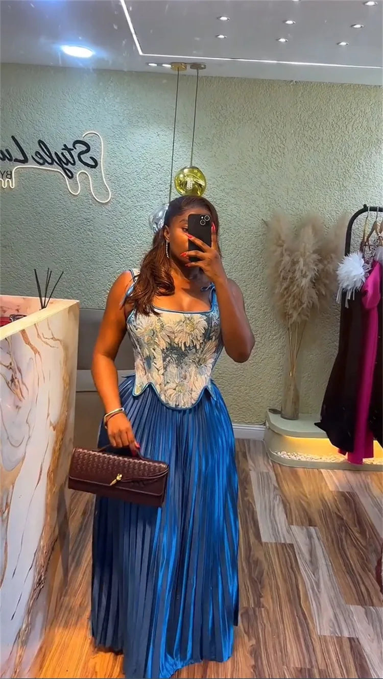 Floral Print Waist-cinching Corset +Pleated Long Skirts Set