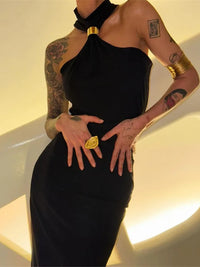 Metal Buckle Turtleneck  Maxi Dress