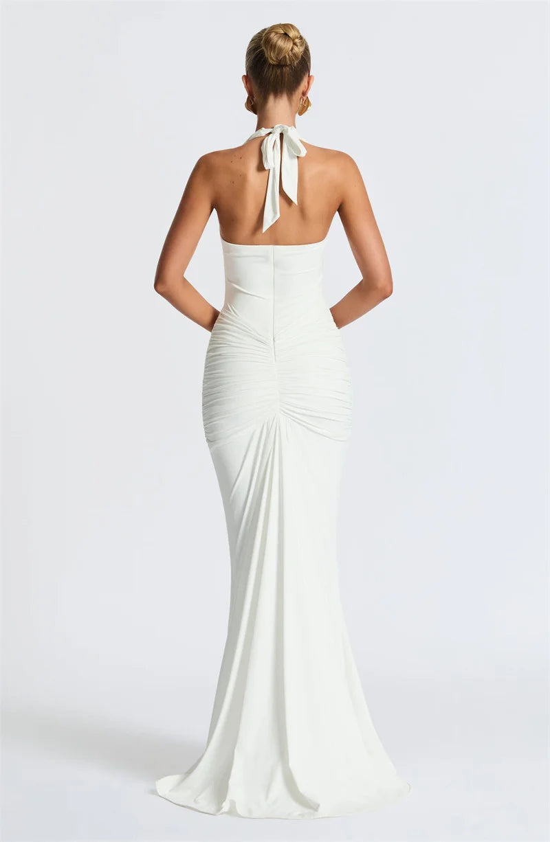 Deep V Neck Draped Ruched Sexy Maxi Dress