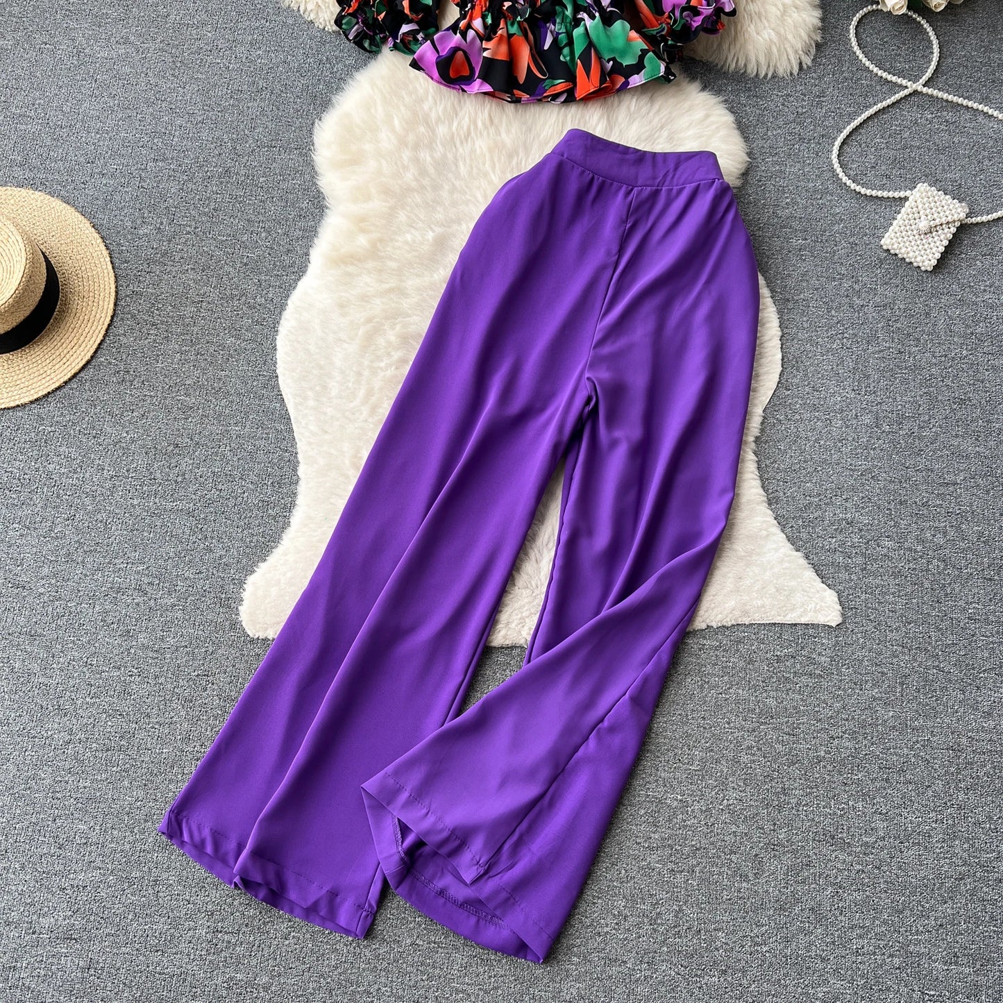 Ruffles Floral Print Elastic Waist Wide Leg Long Pants+Top Set