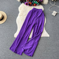 Ruffles Floral Print Elastic Waist Wide Leg Long Pants+Top Set