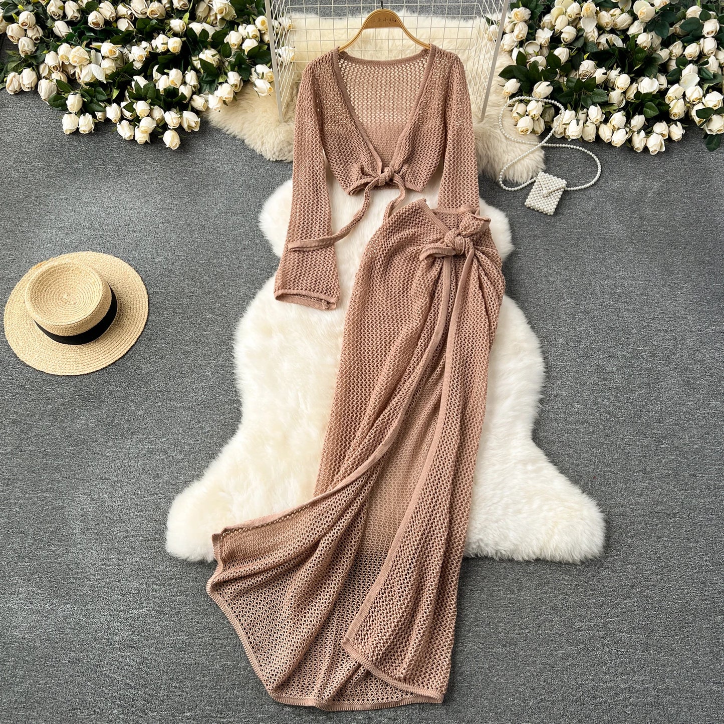 Long Sleeve V Neck Short Top+Adjustable Waist Split Long Skirt Set