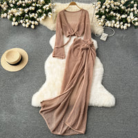 Long Sleeve V Neck Short Top+Adjustable Waist Split Long Skirt Set