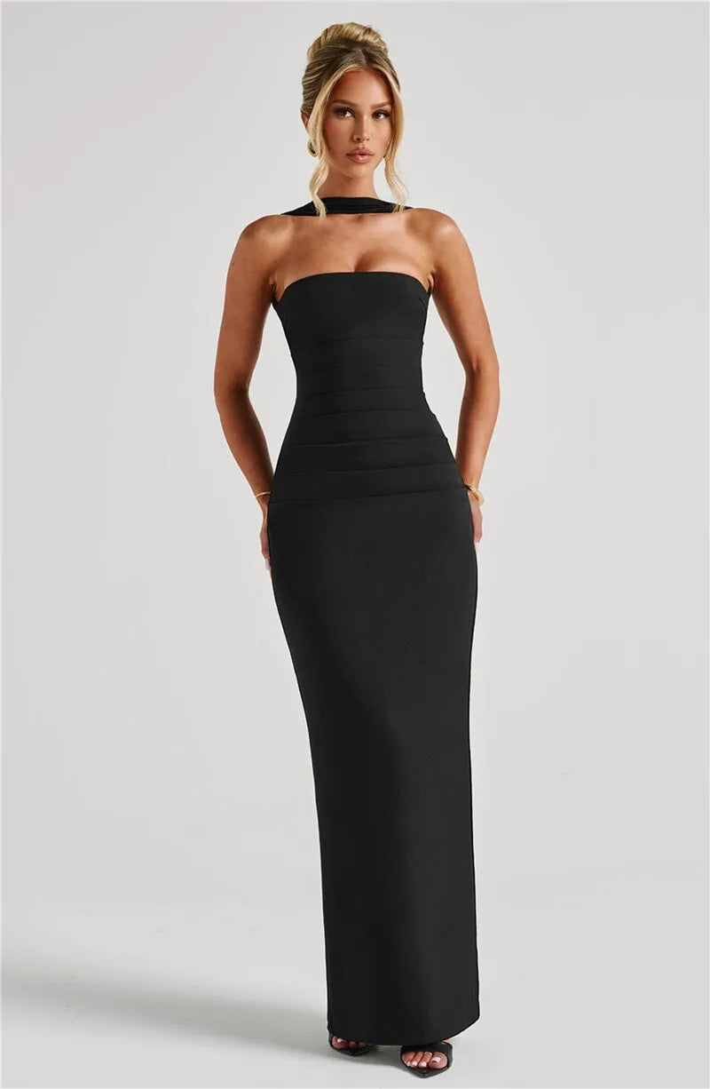 Scarf Collar Strapless Sexy Maxi Dress
