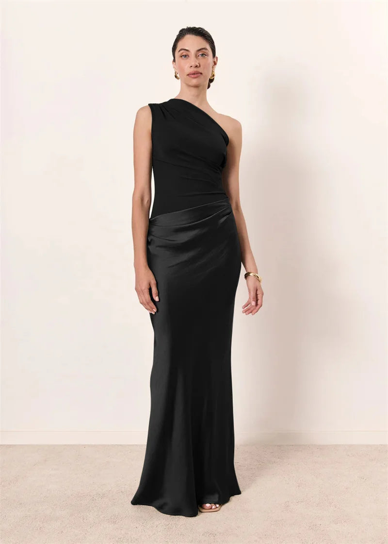 Satin Inclined Shoulder Sexy Maxi Dress