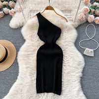 One Shoulder Solid Chic Knitted Mini Dress
