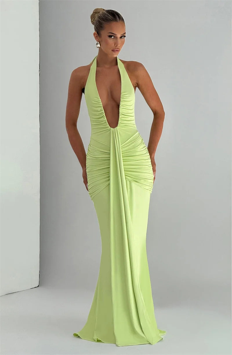 Deep V Neck Draped Ruched Sexy Maxi Dress