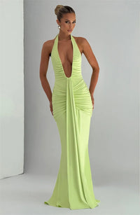 Deep V Neck Draped Ruched Sexy Maxi Dress