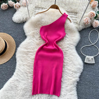One Shoulder Solid Chic Knitted Mini Dress