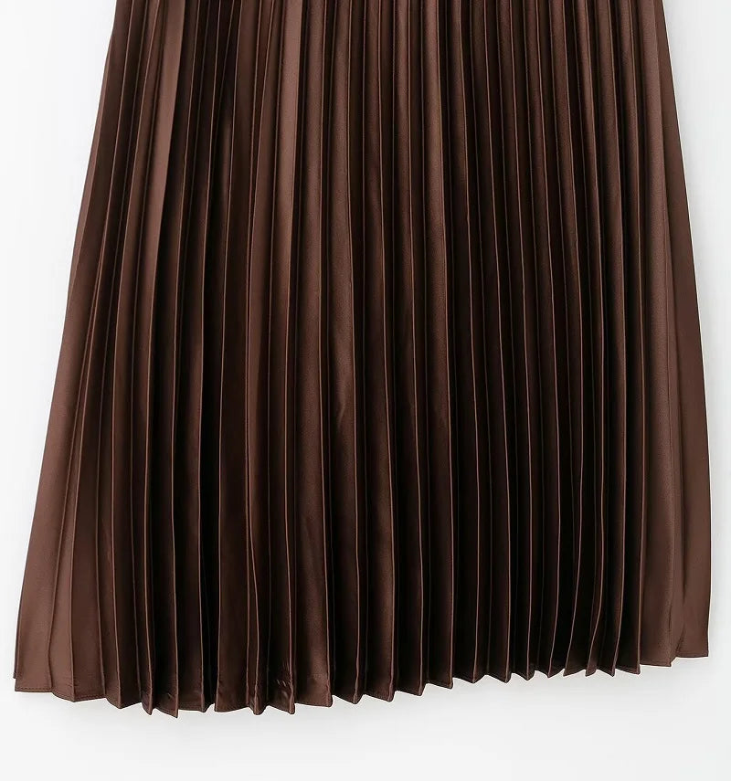 Pleated Long Draped Satin Midi Skirt