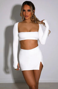 Square Collar Full Sleeve Crop Top+Mini Skirt Set