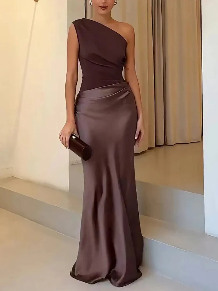 Satin Inclined Shoulder Sexy Maxi Dress