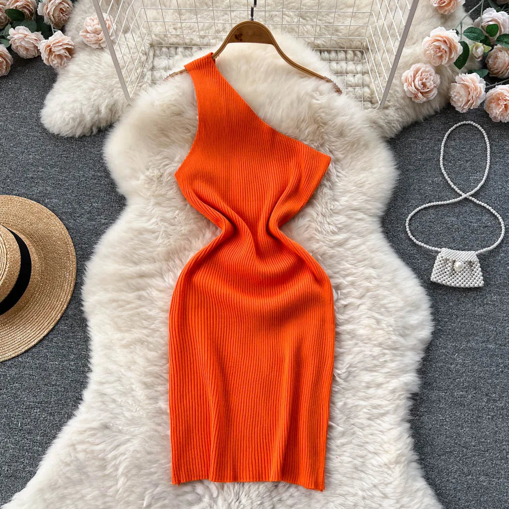 One Shoulder Solid Chic Knitted Mini Dress