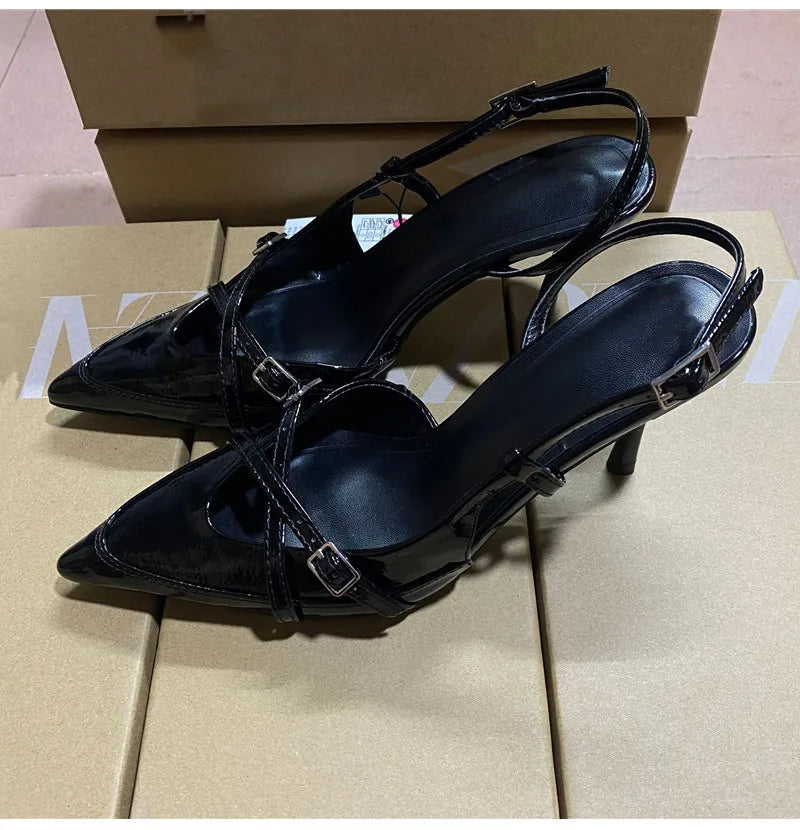 Elegant Pointed toe PU Leather Slingback Thin Heels