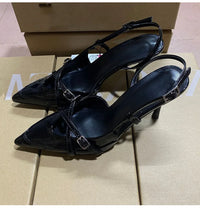 Elegant Pointed toe PU Leather Slingback Thin Heels