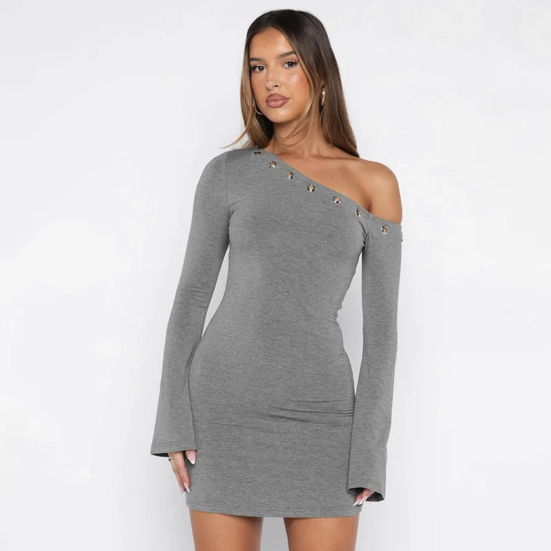 Inclined Shoulder Long Sleeve Sexy Mini Dress