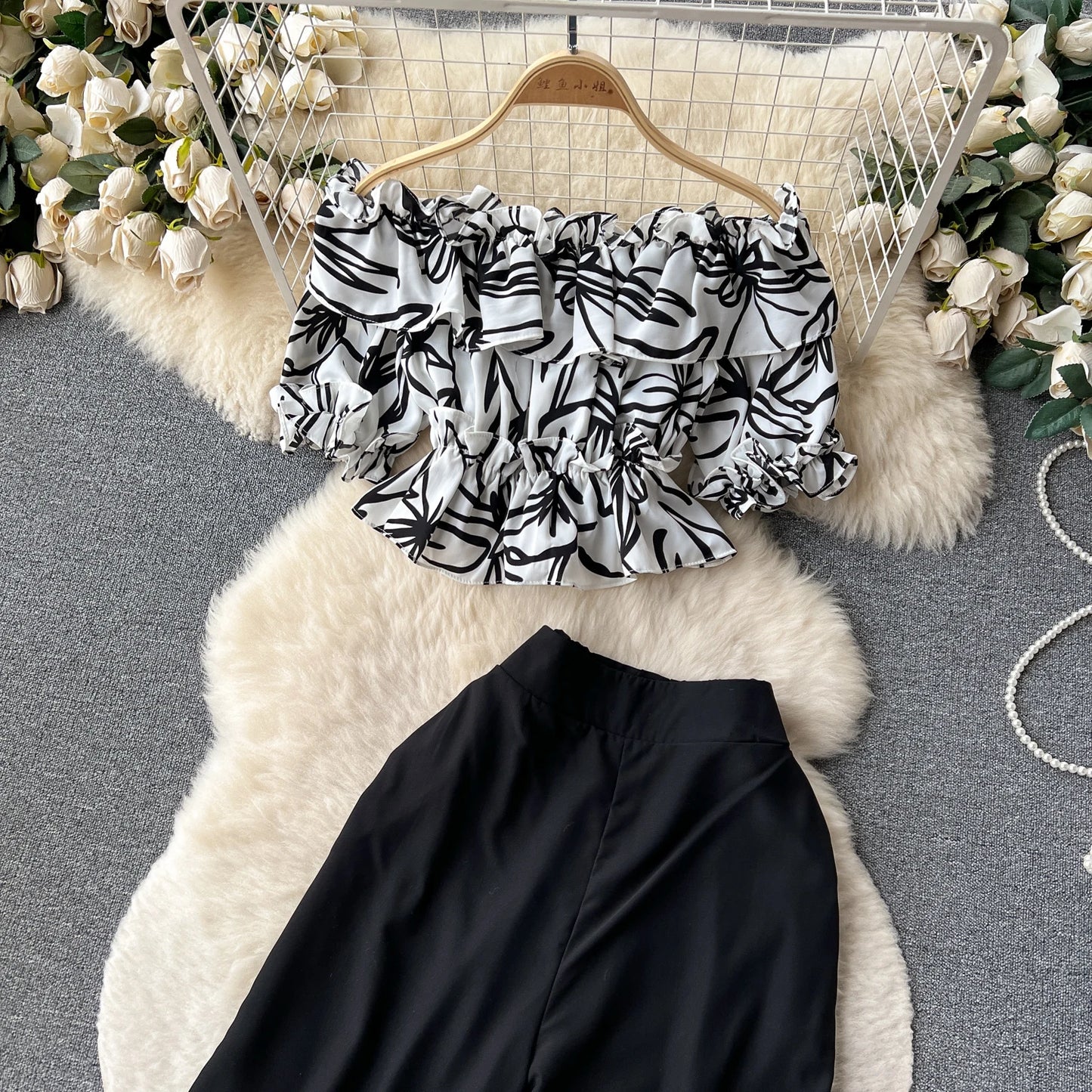 Ruffles Floral Print Elastic Waist Wide Leg Long Pants+Top Set