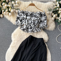 Ruffles Floral Print Elastic Waist Wide Leg Long Pants+Top Set