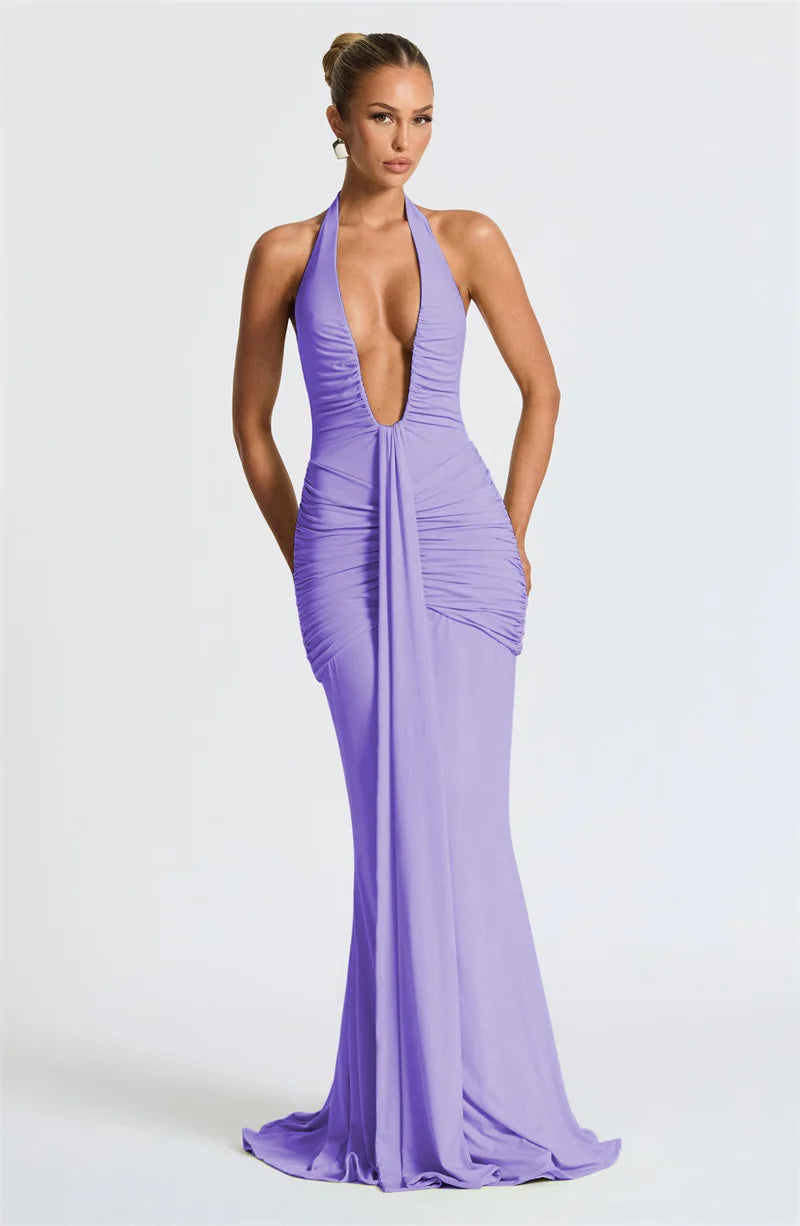 Deep V Neck Draped Ruched Sexy Maxi Dress