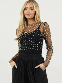 Pearl Mesh See Through Long Sleeve T-shirt