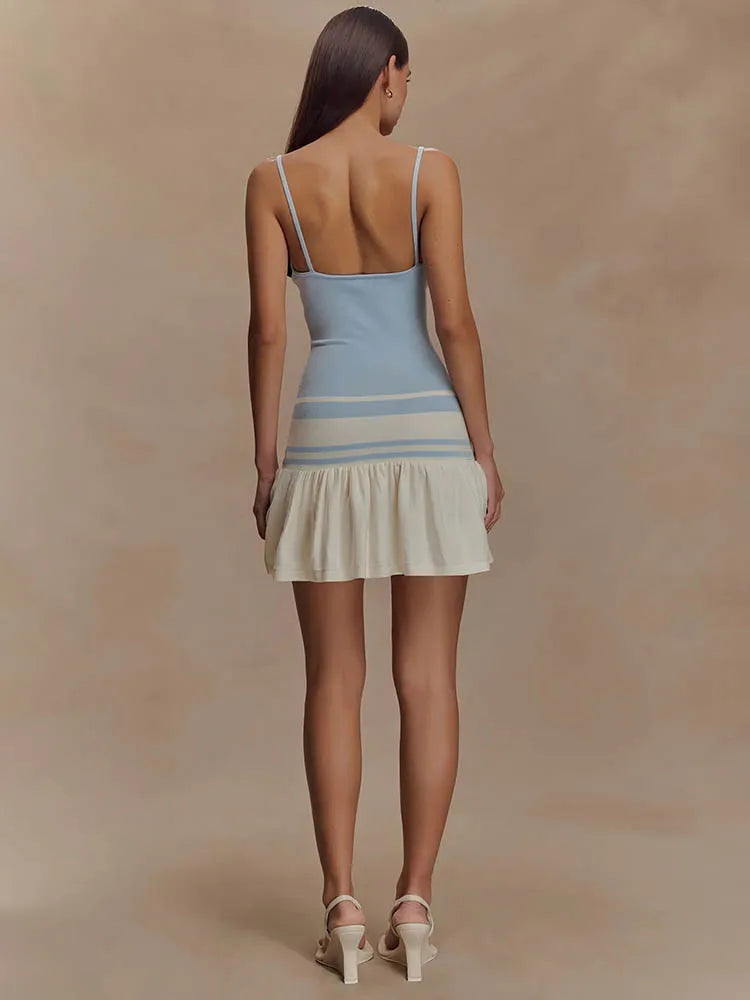 Spaghetti Strap Sleeveless Backless Ruffle Patchwork Mini Dress