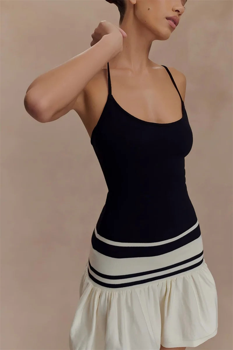 Spaghetti Strap Sleeveless Backless Ruffle Patchwork Mini Dress