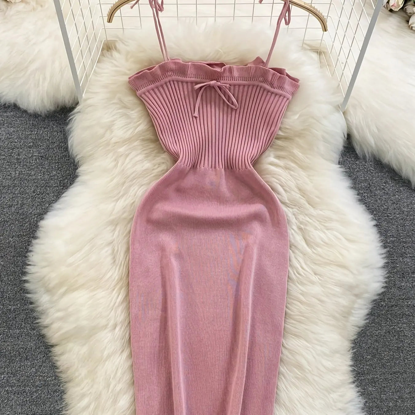 Ribbed Lace Up  Ruffle Trim Mini Dress