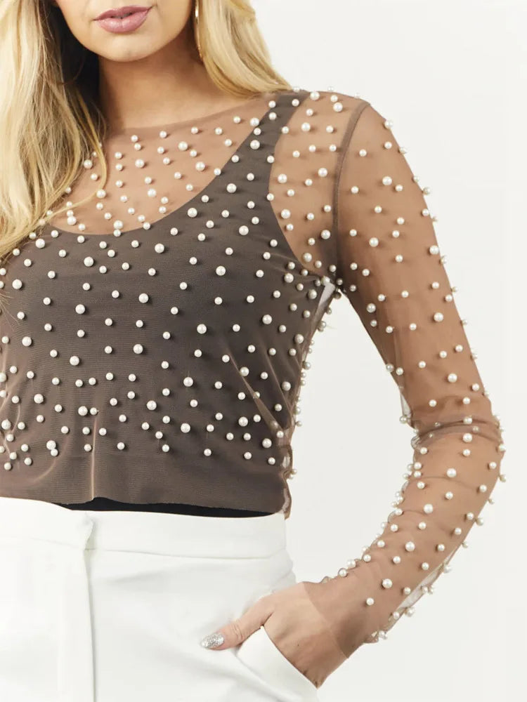 Pearl Mesh See Through Long Sleeve T-shirt