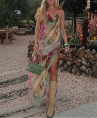 Split Thigh Backless Mesh Flower Design Maxi Dress