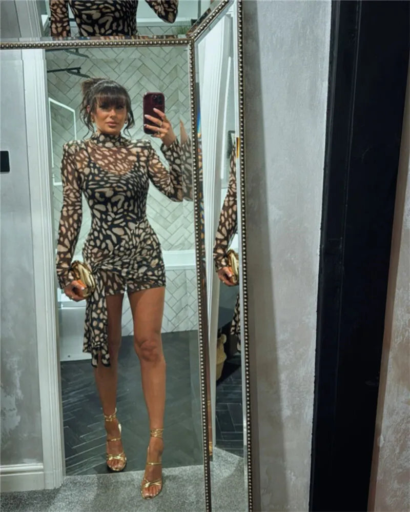 Mesh Leopard Print Sexy Mini Dress