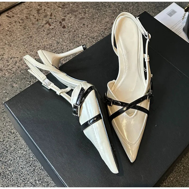 Elegant Pointed toe PU Leather Slingback Thin Heels