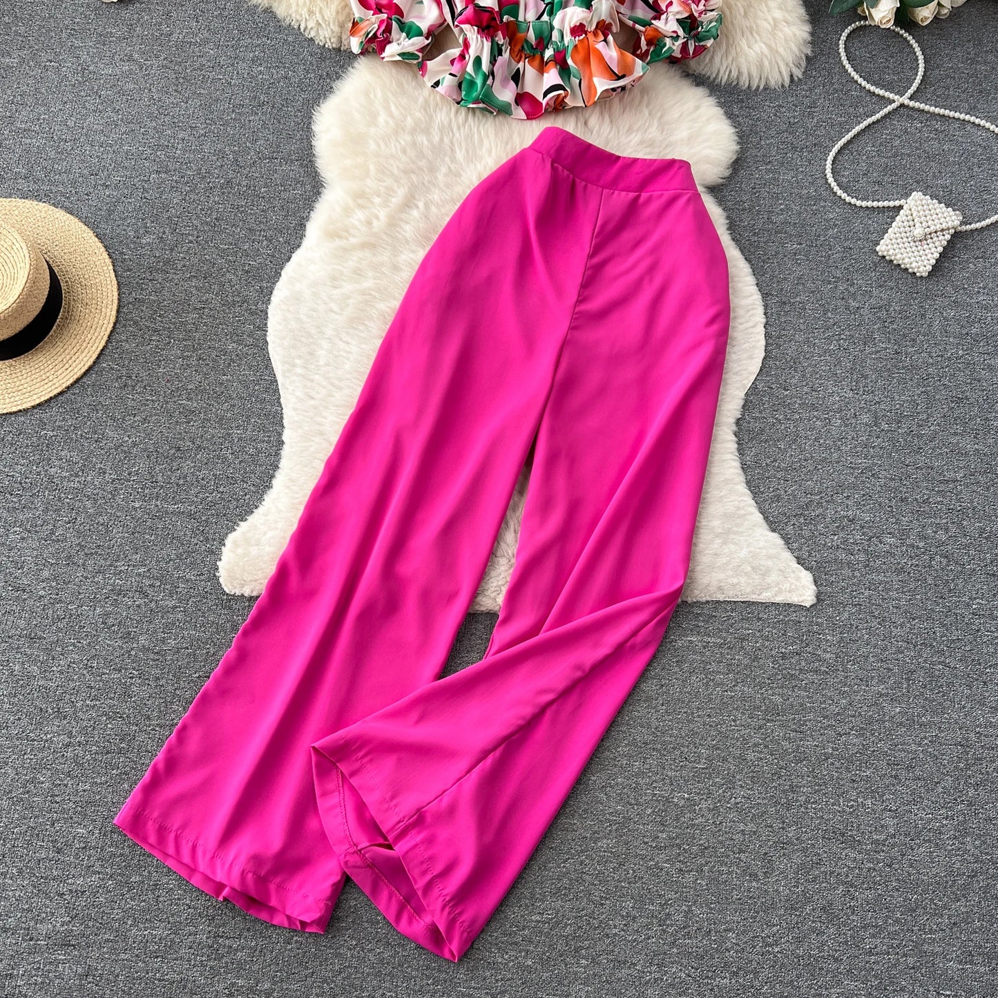 Ruffles Floral Print Elastic Waist Wide Leg Long Pants+Top Set