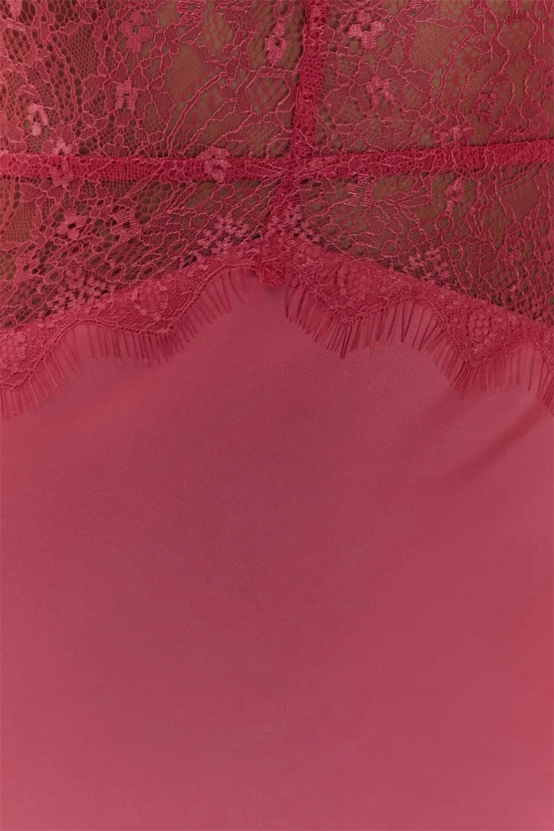 Patchwork Lace Halter Deep V Neck Maxi Dress