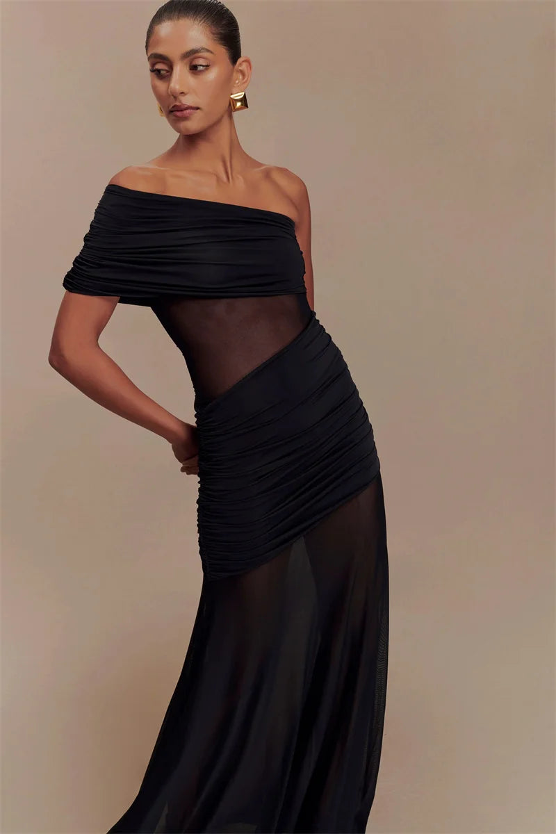 One Shoulder Mesh Sexy Maxi Dress