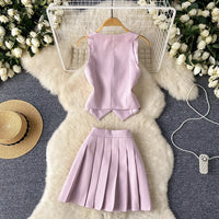 Single Breasted Basic Camisole+Zipper Design Pleated Skirt Set