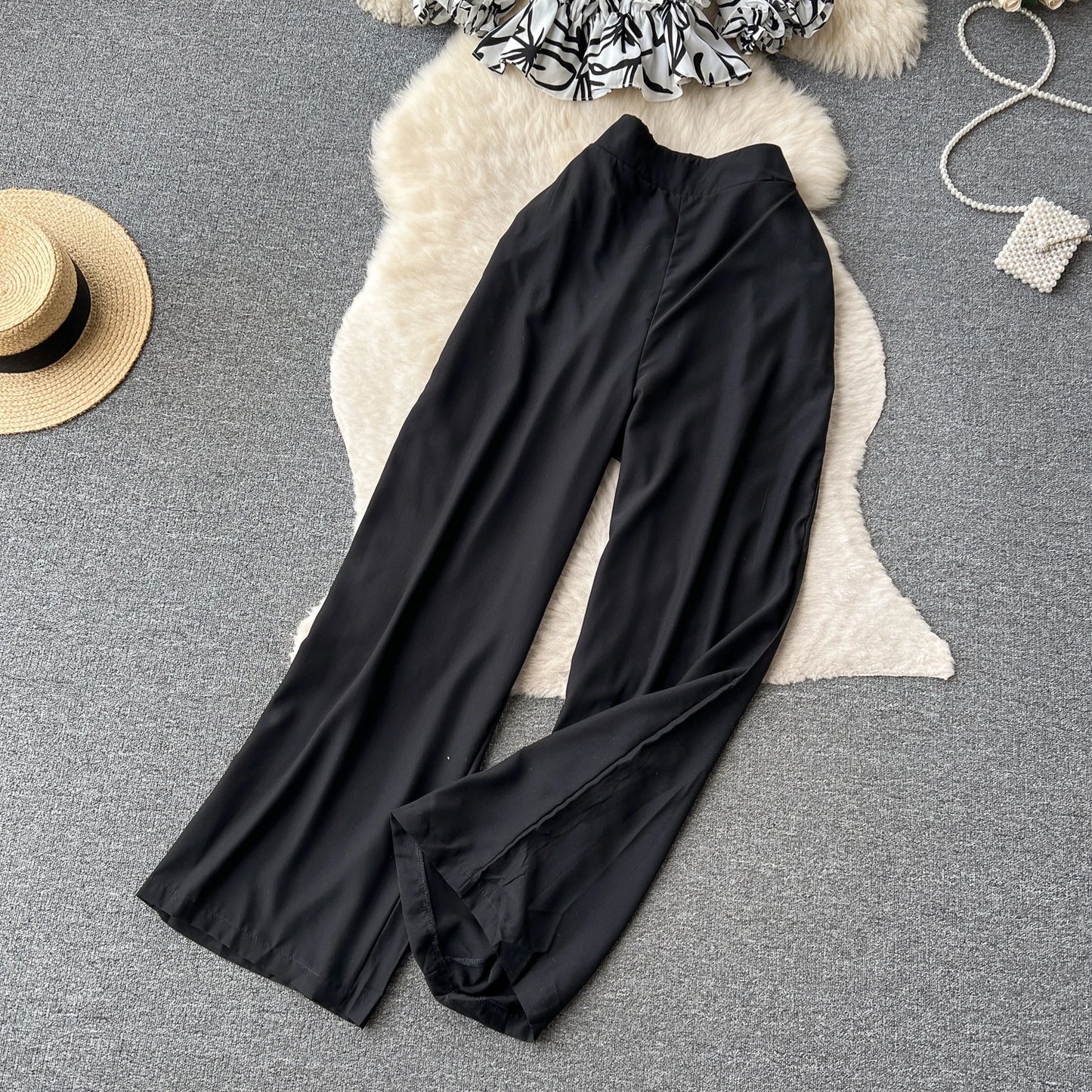 Ruffles Floral Print Elastic Waist Wide Leg Long Pants+Top Set