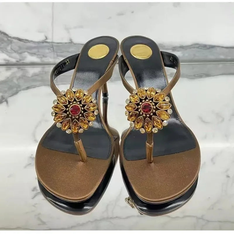 Rhinestone Flower Decor Heeled Slippers