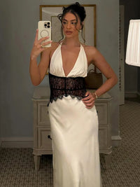 Patchwork Lace Halter Deep V Neck Maxi Dress