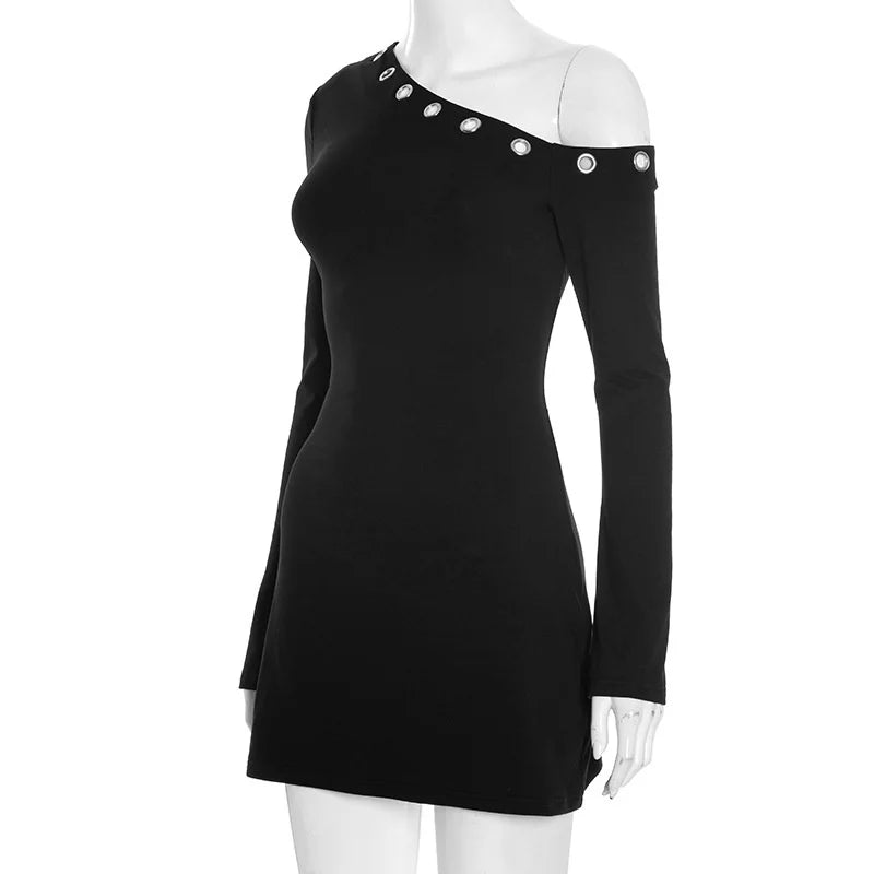 Inclined Shoulder Long Sleeve Sexy Mini Dress