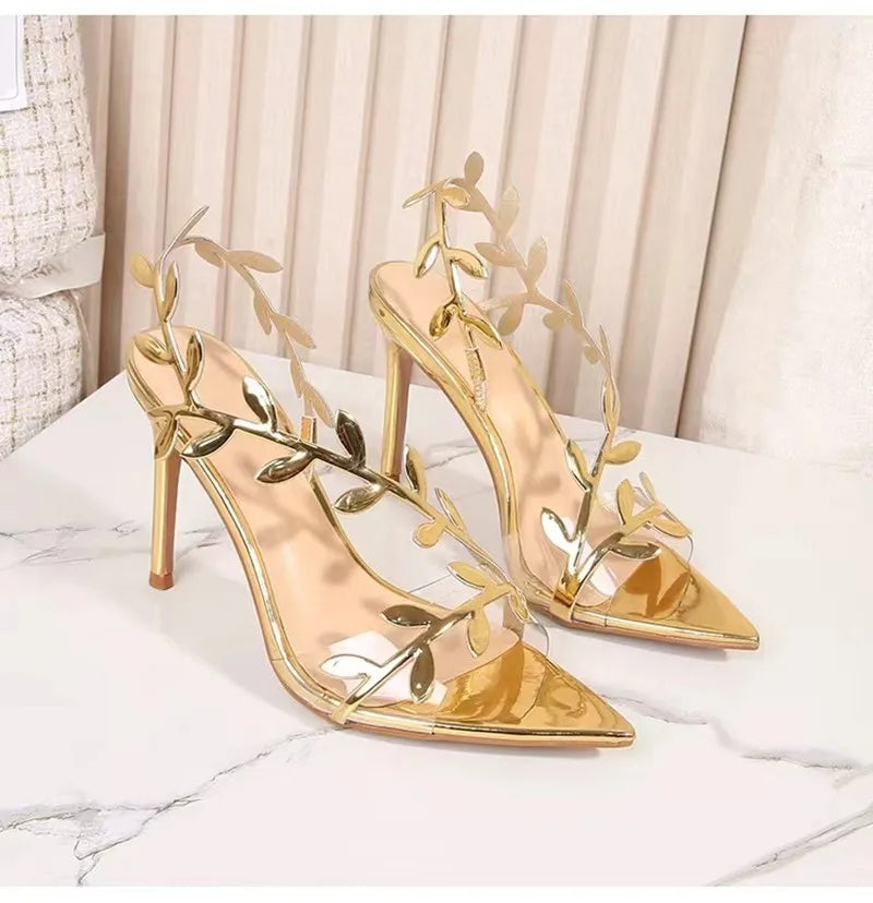 Gold Leaf Elegant Pointed Toe Thin High Heels